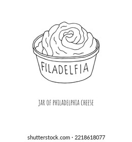 Open jar of philadelphia cheese black and white sketch isolated on white background
