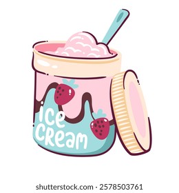 Open jar of strawberry ice cream, cartoon vector illustration. Anti Valentine's day symbol