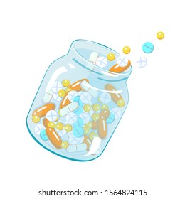 Open jar with tablets levitate. Illustration for medical design. Realistic Medicine bottle icon, pill, pharmacy drug, health care concept. Vitamin tablet box. Vector flat Isolated on white background.