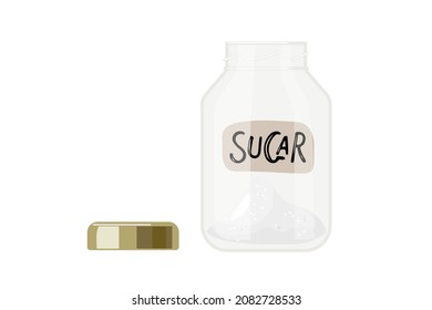 Offenes Glas Weißzucker mit handgezeichneter Inschrift. Küchenutensilien. Pulverzucker, ungesunde Ernährung, Zutat zur Zubereitung zuckerhaltiger Getränke, Gebäck. Vektorgrafik einzeln auf Weiß.