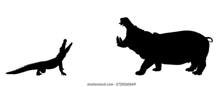 Open jaws crocodile attack hippopotamus vector silhouette illustration isolated. Survivor watering place battle reptile vs hippo angry animal. Wildlife conflict predator carnivore lurking prey.