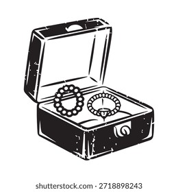 Open jewelry box with bracelets inside a black and white sketch illustration