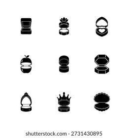 Joyero abierto y anillo de la caja de la silueta Vector conjunto de iconos
