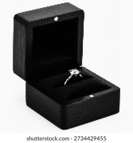 Open Jewelry Ring Box with Diamond Engagement Ring Icon, Black Halftone Dotted Symbol Isolated on White, Retro Pop Art Vector for Wedding Proposal