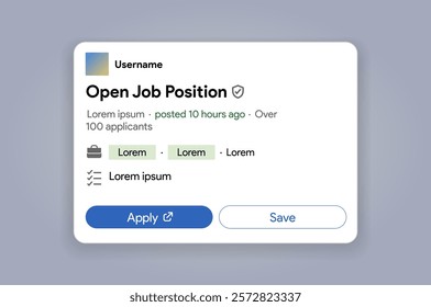 Open job position template. Linkedin work offer description publication. Employer seeks employee post. HR marketing publication. Online employing platform. Contract proposition. Vector illustration.