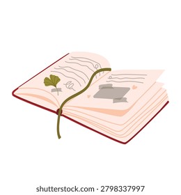 Open journal with ribbon bookmark. Cozy stationery element for writing, planning and journaling. Fall reading collection in hand drawn style