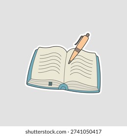 Open journal sticker with a ballpoint pen. Best for productivity apps, office supplies catalogs, daily task lists, or student study materials