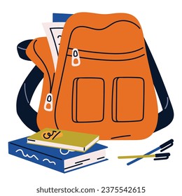 Open kids backpack, satchel, knapsack on zipper. Childish school bag with books, textbooks. Children schoolbag with stationery, study supplies. Flat isolated vector illustration on white background