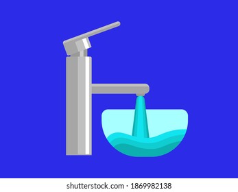 Open kitchen faucet with pouring water into bowl vector. Silver plumbing with blue liquid flowing out on transparent glass plate.