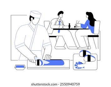 Open kitchen isolated cartoon vector illustrations. Top asian chef rolling sushi in front of customers in open kitchen, service sector, horeca business, professional people vector cartoon.