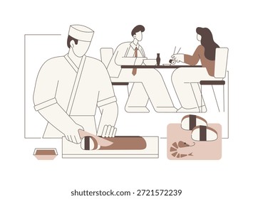 Ilustraciones vectoriales de dibujos animados aislados de cocina abierta. Top chef asiático rodando sushi frente a Clientes en cocina abierta, sector de servicios, negocio horeca, dibujos animados de Vector de personas profesionales.