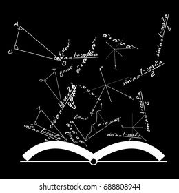 Open Knowledge Book with mathematical and physical formulas, vector.