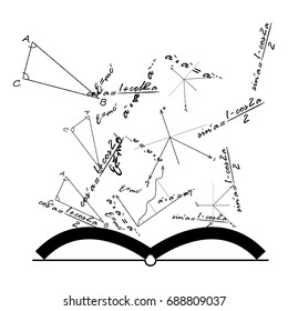 Open Knowledge Book with mathematical and physical formulas, vector.