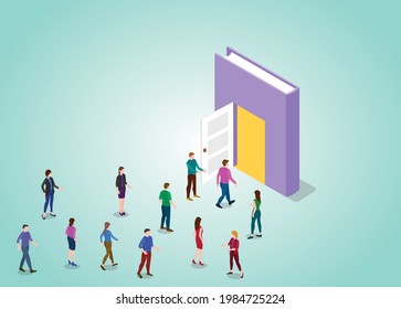 open knowledge concept with people and books and door with modern flat isometric style