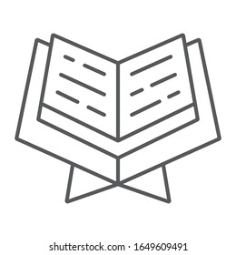 Icono de línea delgada de libro coránico abierto, ramadán y religión, signo de libro quran abierto, gráficos vectoriales, un patrón lineal en un fondo blanco, cepa 10