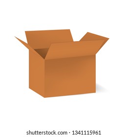 Open kraft cardboard box isolated on white background, vector template. Blank paper packaging, mockup.