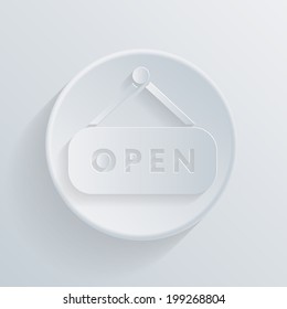 open label sign. circle white paper icon with a long shadow.