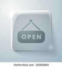 open label sign. Glass square icon with highlights