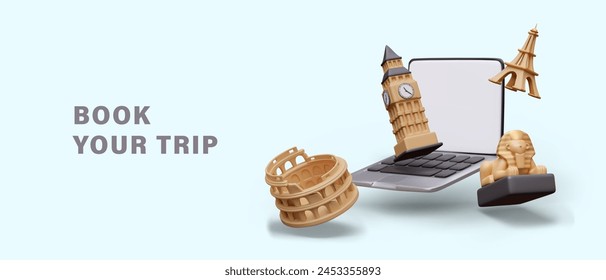 Open laptop, 3D models of Big Ben, Colosseum, Eiffel Tower, Great Sphinx