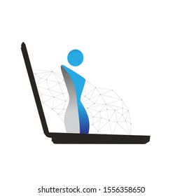 Open laptop with abstract female figure and technological network in behind