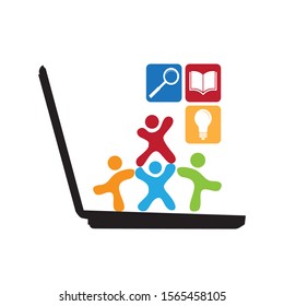 open laptop and abstract kids with light bulb, book and magnifying glass icons, vector illustration