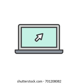 Open laptop with arrow on the screen flat line icon.