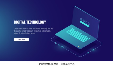 Open laptop with authorization form on screen, personal data protection and processing, information storage protocol isometric