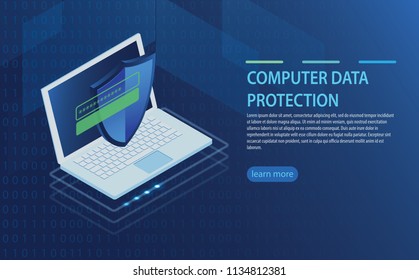 Open laptop with authorization form on screen, personal data protection and processing, information storage protocol isometric. Data Access, login form on screen of laptop, personal account.