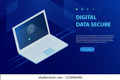 Open laptop with authorization form on screen, personal data protection and processing, information storage protocol isometric. Personal data protection web banner concept. Cyber security and privacy.