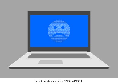 Open laptop, binary unhappy face on blue screen. System error. Maintenance and repair of computer