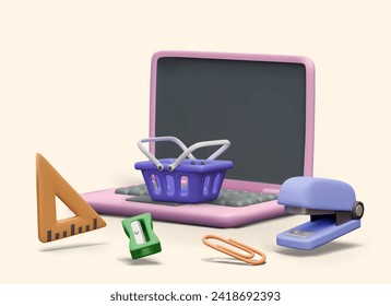 Open laptop with black blank screen, shopping cart, triangular ruler, sharpener, stapler, paper clip