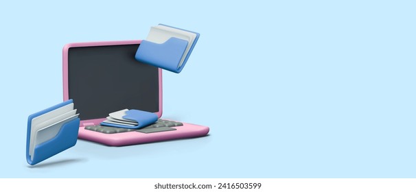 Open laptop with blank screen, folders with files flying around