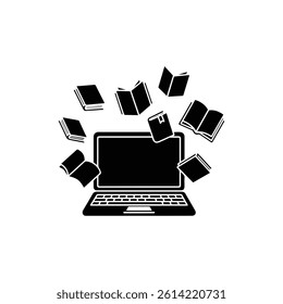 Open Laptop with Books Floating Around It Icon Representing Digital Education