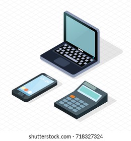 Open laptop, calculating machine and mobile phone isometric electronic devices school icons isolated on checkered white background.