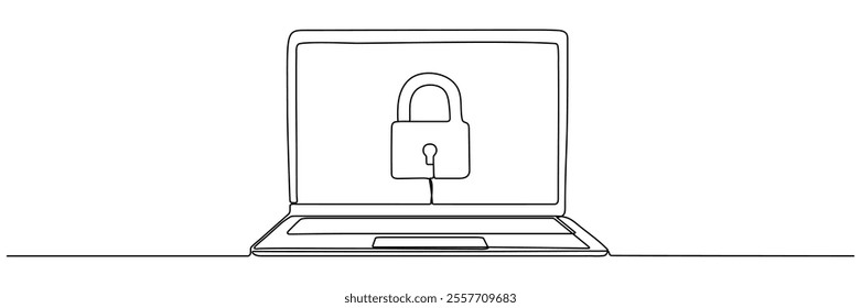 Open laptop with closed padlock continuous line drawing. Protect and security symbol on computer screen. Cybersecurity concept. Vector illustration isolated on white.