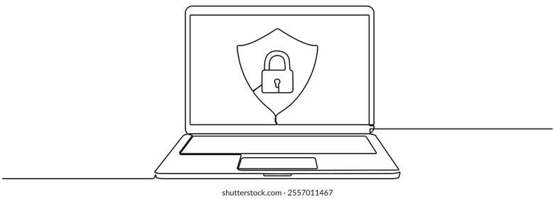 Open laptop with closed padlock and shield badge continuous line drawing. Protect and security symbol. Cybersecurity concept. Vector illustration isolated on white.