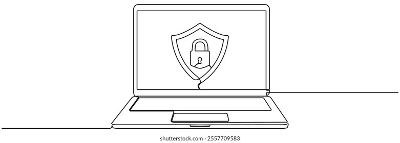 Open laptop with closed padlock and shield badge continuous line drawing. Protect and security symbol. Cybersecurity concept. Vector illustration isolated on white.