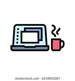 open laptop coffee cup color icon vector. open laptop coffee cup sign. isolated symbol illustration