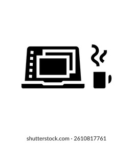 open laptop coffee cup glyph icon vector. open laptop coffee cup sign. isolated symbol illustration