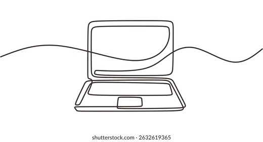 Estilo de linha contínua do laptop aberto. Espaço de trabalho de tecnologia empresarial. Trabalho de conceito de produtividade digital.
