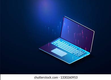 Open laptop computer in an isometric style on a blue background. Easy to edit for your convenience. Vector