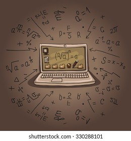 Open laptop computer surrounded by mathematical formulas. Desk, documents, folders, basket. Illustration in vintage, retro shades, colors.