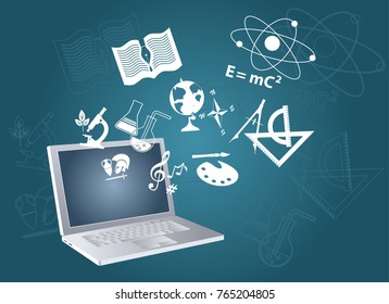 Open laptop computer with symbols of fields of study flying out, EPS 8 vector illustration, no transparencies