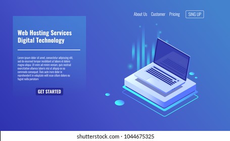 Open laptop, concept of web hosting services, computer technologies isometric vector illustration Open laptop, concept of web hosting services, computer technologies isometric vector illustration