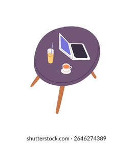 Open laptop, cup of coffee and glass of juice stand on table in cafe. Desk with computer and drinks. Remote work, distance education from coffeehouse. Flat isolated vector illustration on white