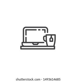 Open laptop and cup of tea line icon. linear style sign for mobile concept and web design. Workplace with laptop and coffee cup outline vector icon. Symbol, logo illustration. Vector graphics