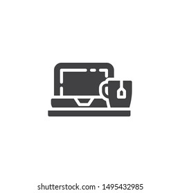 Open laptop and cup of tea vector icon. filled flat sign for mobile concept and web design. Workplace with laptop and coffee cup glyph icon. Symbol, logo illustration. Vector graphics