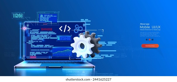 An open laptop displaying advanced code and programming interfaces with holographic projections and a cogwheel symbolizing development. Futuristic Coding and Development Concept on Laptop. Vector