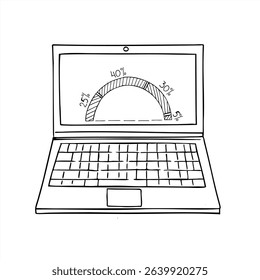 Open laptop displaying pie chart with shaded sectors and percentage labels monochrome vector illustration. For business reports, financial presentations, data analysis, and corporate infographics.