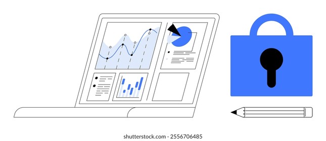 Open laptop displaying various graphs and pie charts, with a blue lock icon and a pencil beside it. Ideal for data analysis, cybersecurity, business intelligence, technology, information protection